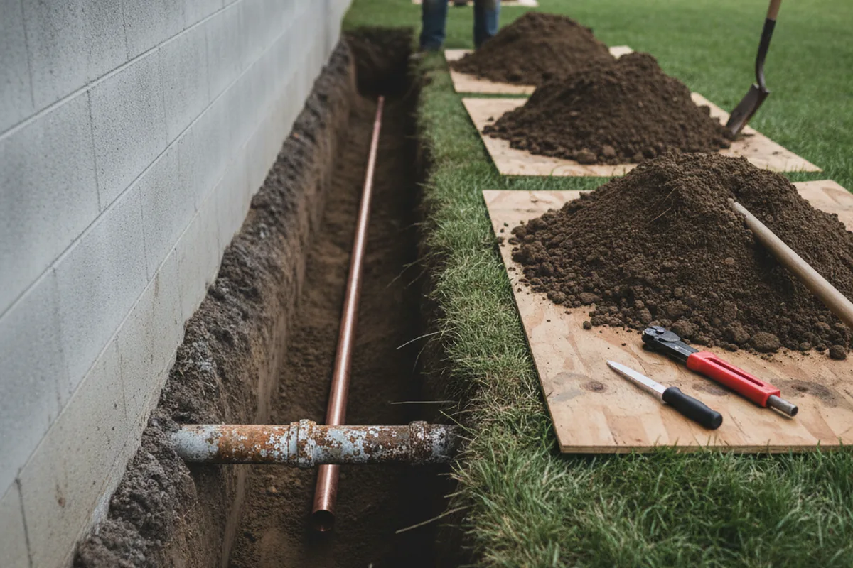 Excavated water line trench during Water Heater Repair in New Market